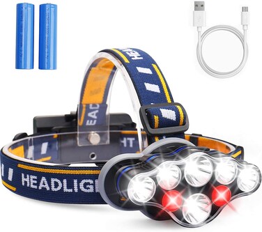 LED Head Torch &ndash; 13000 Lumens Super Bright Rechargeable Headlamp, 90&deg; Adjustable Angle, 8 Modes Waterproof LED Headlight for Running, Walking, Camping, Hiking