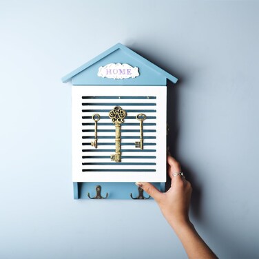 Blue &amp; White Wooden Key Box &ndash; Wall-Mounted Decorative Key Holder with Vintage Design, Rectangular Wooden Storage for Keys &amp; Small Accessories