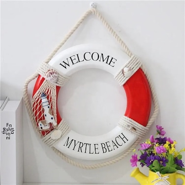 Nautical Lifering Decorative Life Ring Buoy &ndash; 20" Hanging Wall D&eacute;cor for Beach House, Coastal, Lake &amp; Boat Theme &ndash; Lightweight Foam, White &amp; Blue Rope Design
