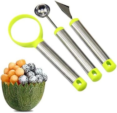 مجموعة قواطع فواكه متعددة الوظائف مكونة من 3 قطع - قطاعة بطيخ من الفولاذ المقاوم للصدأ، ومغرفة تقطيع فواكه وسكين نحت - بطيخ، شمام، فاكهة التنين، كيوي، أفوكادو