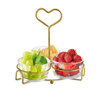 طقم أوعية زجاجية شفافة مكون من 3 قطع مع حامل معدني أنيق وأوعية تقديم مزخرفة للسلطات والفواكه والوجبات الخفيفة والحلويات وأدوات مائدة أنيقة للمنزل والمناسبات