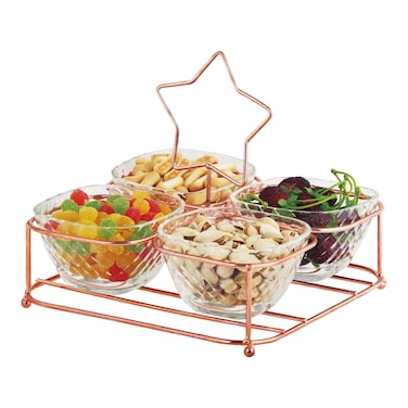 Glass Bowl Set with Metal Stand (4-Piece)   Elegant Clear Glass Serving Bowls for Salads, Snacks &amp; Desserts   Stylish Home &amp; Kitchen Tableware
