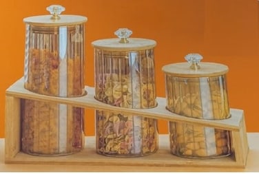 طقم برطمانات زجاجية من البورسليكات مكون من 3 قطع مع حامل - حاويات محكمة الغلق لتخزين الطعام، برطمانات توابل متينة، برطمانات زجاجية شفافة بأغطية من الخيزران لتنظيم المطبخ