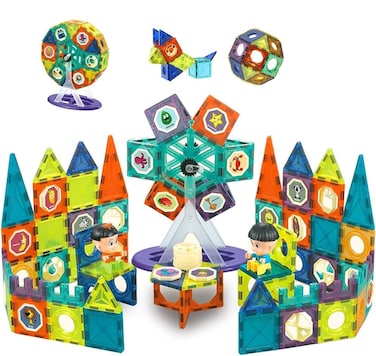 مجموعة من 155 قطعة من البلاط المغناطيسي للأطفال - ألعاب وألعاب بناء STEM، مجموعة بناء مغناطيسية تعليمية للعب الإبداعي والأنشطة الترفيهية والتعلمية، مثالية