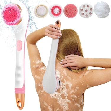 Body Brush Rechargeable Electric Body Scrubber Set &ndash; Spin Skin Brush with Long Handle, 6 Brush Heads for Cleansing, Exfoliating, and Massaging in the Shower
