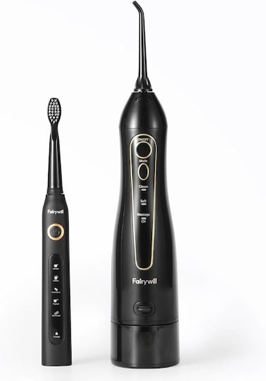 Fairy Oral Combo Electric Toothbrush &amp; Water Flosser Set &ndash; 5 Cleaning Modes, Sonic Technology, Black &ndash; Rechargeable, Waterproof, for Whitening