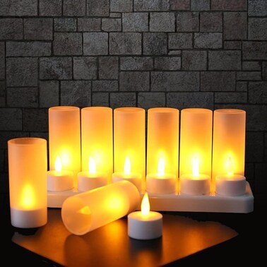 LED Candle Light Flameless Tea Lights &ndash; Rechargeable Flickering Tealight Lamps with 12 Frosted Cups &amp; Charging Base for Party, Wedding, Bar, Family Dinner