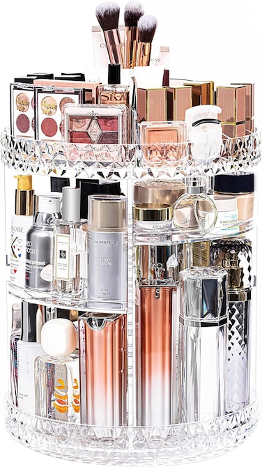 منظم مكياج دوار 360 درجة - تخزين مستحضرات التجميل من الأكريليك الشفاف مع 7 طبقات قابلة للتعديل - حقيبة عرض مكياج كبيرة السعة للفرش وأحمر الشفاه ومنتجات العناية بالبشرة