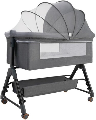 5-in-1 Portable Baby Bedside Crib  Convertible Bassinet with Adjustable Height, Swivel Wheels &amp; Rocking Mode  Foldable Baby Cot &amp; Co-Sleeper with Mosquito Net