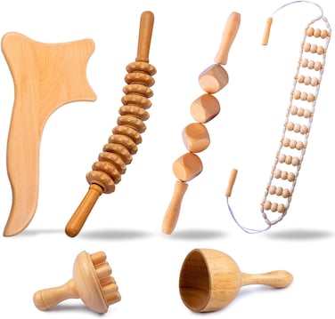 مجموعة أدوات تدليك خشبية مكونة من 6 قطع - مجموعة ماديروتيرابيا لتصريف اللمف، ومكافحة السيلوليت، ونحت الجسم - أدوات تدليك خشبية للاسترخاء