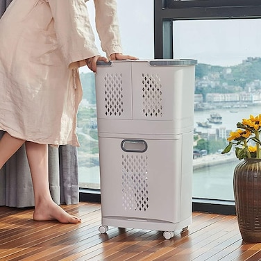 سلة غسيل بلاستيكية قابلة للإزالة مع غطاء وعجلات - سلة غسيل محمولة للملابس المتسخة والمناشف والبطانيات - عربة تخزين متينة للحمام،