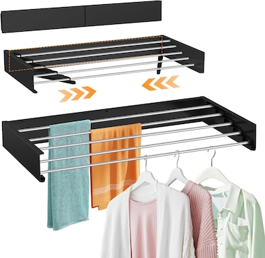 Wall Mounted Cloth Stand Stainless Steel &ndash; Indoor &amp; Outdoor Use, Space-Saving Black Clothes Drying Rack for Home and Patio, Heavy-Duty Wall-Mount Clothes Hanger&quot;
