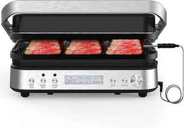 5-in-1 Indoor Electric Grill &amp; Griddle, 2000W Panini Press Sandwich Maker with Meat Thermometer &amp; LCD Display, Healthy Ceramic Nonstick, Stainless Steel Contact Grill