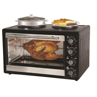 Electric Baking Oven with Dual Hot Plates 2-in-1 Countertop Oven &amp; Electric Cooktop 2 Burner Hot Plate with Adjustable Temperature, Timer &amp; Multi-Function Cooking