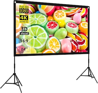 شاشة عرض 84 بوصة مع حامل - شاشة محمولة 16:9 عالية الدقة/4K خالية من التجاعيد للأفلام الخارجية والمسرح المنزلي والتخييم والسينما في الفناء الخلفي - تتضمن حقيبة حمل