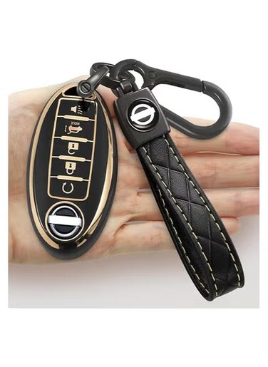 Nissan Key Fob Cover Case &ndash; Soft TPU 5-Button Key Shell with Keychain &ndash; Full Protection for Nissan Altima, Armada, Maxima, Murano, Pathfinder, Rogue &amp; Infiniti (Black)