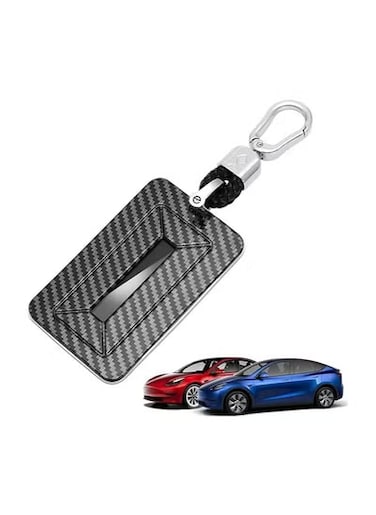 حافظة حامل بطاقات مفاتيح تيسلا لطراز 3 وموديل Y (2017-2023) - غطاء مفاتيح من ألياف الكربون مع سلسلة مفاتيح من سبائك الزنك وحبل نايلون مضفر - (أسود)