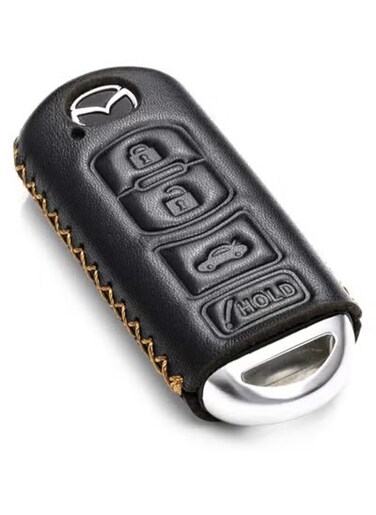 Leather Smart Key Fob Case Cover Protector for Mazda 3, 6, CX-5, CX-7, CX-9, MX-5 Miata, Atenza, Axela &ndash; 4 Button Key Shell, Black KC-MAZDA-B4B
