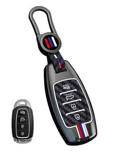 Hyundai Key Fob Cover Case, Metal Shell Smart Key Holder Protector Compatible with Kona, Palisade, Santa Fe, Elantra GT, Accent, Veloster &ndash; 4 Button, HYD4, Carbon Fiber
