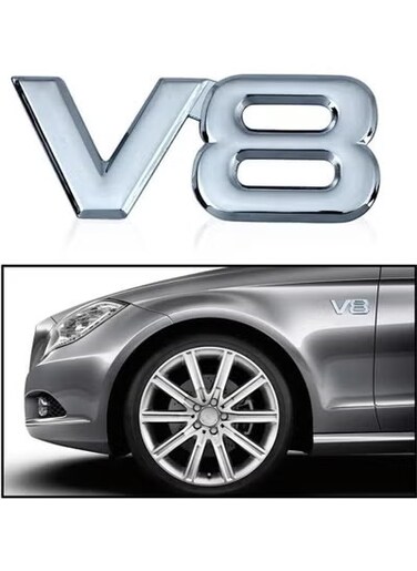 3D Metal V8 Car Emblem Badge &ndash; Silver Chrome Letter Decal for Rear, Side, Trunk, or Fender &ndash; Durable Self-Adhesive Auto Sticker for Universal Vehicle Decoration