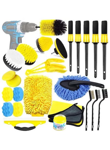 مجموعة فرش تنظيف السيارات من 25 قطعة - أدوات تنظيف داخلية وخارجية للسيارات مع فرشاة مثقاب، وفرشاة تنظيف كهربائية، وملحقات غسيل السيارات للعجلات والجلد وفتحات التهوية ولوحة القيادة