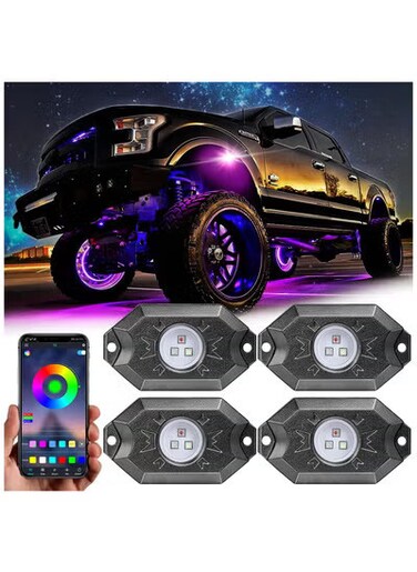 مجموعة مصابيح LED RGB Rock مع تحكم بلوتوث - مجموعة من 4 مصابيح نيون مقاومة للماء تحت الماء للسيارة والشاحنة وجيب وسيارات الدفع الرباعي والقوارب والدراجات النارية
