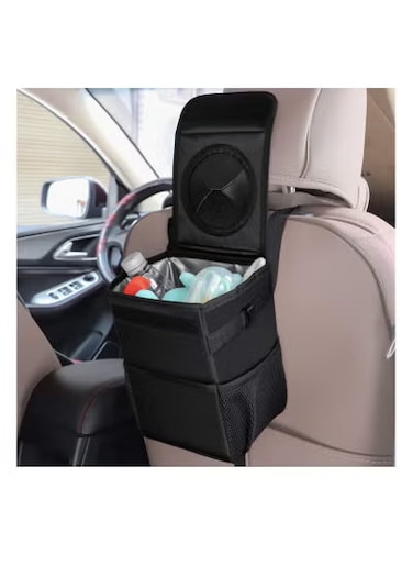 سلة مهملات السيارة مع غطاء - سلة مهملات السيارة قابلة للطي والحمل مع جيوب تخزين، تصميم معلق، أسود - كيس قمامة موفر للمساحة للمركبات وسيارات الدفع الرباعي والشاحنات والمزيد