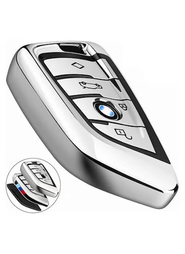 غطاء مفتاح BMW - حافظة مفاتيح ناعمة من مادة TPU الفاخرة مع حماية كاملة بزاوية 360 درجة، وغطاء مقاوم للغبار والخدش - متوافق مع سلسلة BMW 2/5/6/7، ومفاتيح X1/X2/X3/X5/X6 الذكية - فضي