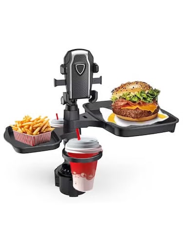 4-in-1 Adjustable Car Dining Table with Double Cup Holders - 360&deg; Rotating Multifunctional Food Tray for Snacks, Drinks, and Gadgets - Ideal for Road Trips