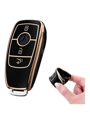 غطاء مفتاح سيارة مرسيدس بنز - حافظة حماية لمفتاح السيارة من نوع فوب، لسيارات الفئة E موديل 2017، والفئة S موديل 2018 بحافة ذهبية - حامل مفتاح ريموت أسود