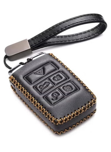Genuine Leather Smart Key Fob Case for Land Rover Discovery and Range Rover 2017 to 2019 5 Button Key Remote Cover with Leather Keychain Black