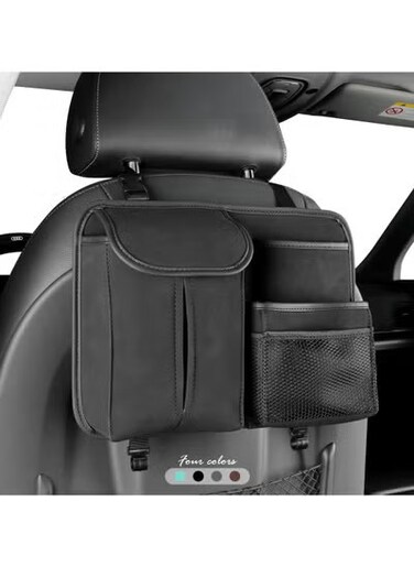 منظم المقعد الخلفي للسيارة - سجادة ركل مع حقيبة تخزين معلقة، وحامل مناديل، و4 جيوب للألعاب والزجاجات والهواتف - واقي مقعد سيارة مقاوم للماء للأطفال والكبار (أسود)