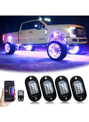 مصابيح LED RGB Rock Lights - مجموعة إضاءة سفلية متعددة الألوان مكونة من 4 وحدات مع 60 مصباح LED عالي السطوع، ومصابيح نيون مقاومة للماء للطرق الوعرة مع تطبيق