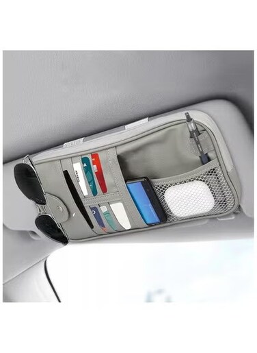 منظم واقي الشمس للسيارة - حقيبة تخزين جلدية لواقي الشمس للسيارة مع جيب بسحاب، وحامل بطاقات، وفتحات للقلم والنظارات الشمسية - ملحقات سيارات عالمية