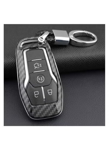 غطاء مفتاح ذكي من ألياف الكربون لسيارات فورد F150، موستانج، إيدج، إكسبلورر، مونديو - غطاء مفتاح ذكي من مادة ABS مع سلسلة مفاتيح، حافظة حماية متوسطة الحجم (أسود)
