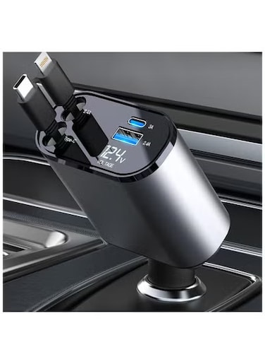 4-in-1 Retractable Car Charger 60W   Universal USB Car Phone Charger with 1 Lightning &amp; 1 Type-C Cable   Fast Charging for iPhone 15/14/13/12/11, Samsung Galaxy