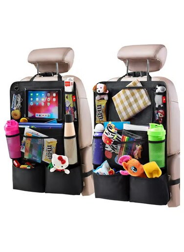 منظم مقعد السيارة الخلفي (عبوة من قطعتين) مع سجادات للقدمين وحامل للأجهزة اللوحية   9 جيوب تخزين، مقاس عالمي، متوافق مع شاشات اللمس   ملحقات سفر متينة للسيارة