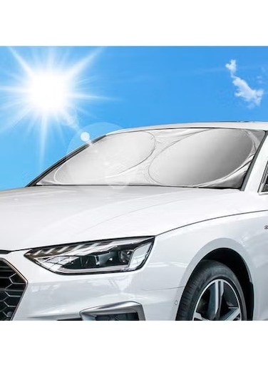 مظلة شمسية قابلة للطي للزجاج الأمامي للسيارة مع حقيبة تخزين - حماية من الأشعة فوق البنفسجية والحرارة للنافذة الأمامية - عاكسة، سهلة الاستخدام، تحجب أشعة الشمس، وتحافظ على برودة السيارة