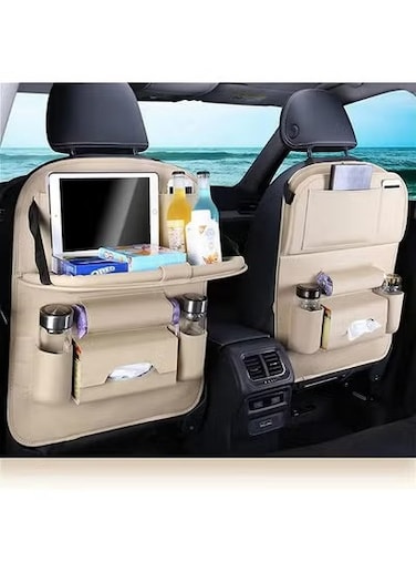 منظم مقعد السيارة الخلفي مع حامل للكمبيوتر اللوحي - بيج، منظم مقعد سيارة متعدد الوظائف للأطفال والكبار، جيوب تخزين كبيرة، مقاوم للماء، مناسب عالميًا للسيارة