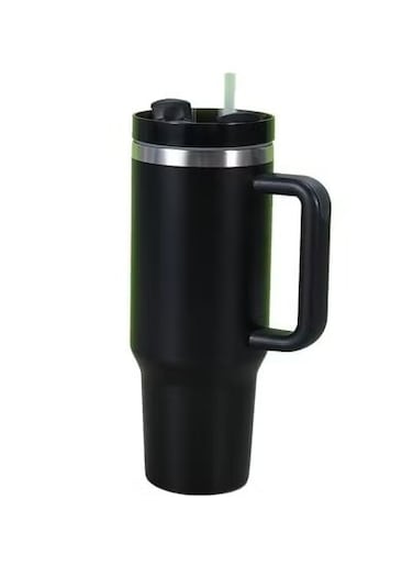 Large Capacity Stainless Steel Insulated Cup with Straw &amp; Handle &ndash; Double-Walled, Spill-Proof, Portable Mug for Office, Home, Car &ndash; Premium Black Design
