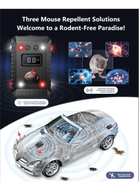 Ultrasonic Rodent Repeller with Strobe Lights &amp; Alarm Sound - Effective Mice, Rats, Squirrels Deterrent for Car Engine, Truck Garage, Attic, Basement, Warehouse