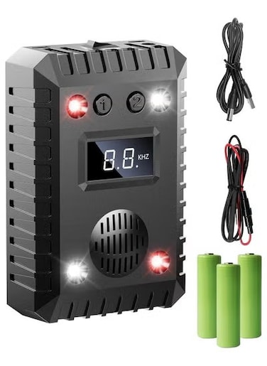 جهاز طرد القوارض بالموجات فوق الصوتية مزود بأضواء ستروب وصوت إنذار - رادع فعال للفئران والجرذان والسناجب في محركات السيارات، ومرآب الشاحنات، والسقيفة، والطابق السفلي، والمستودعات.