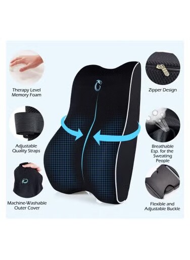 وسادة دعم أسفل الظهر لكرسي المكتب والسيارة - وسادة ظهر من إسفنج الذاكرة لتخفيف آلام أسفل الظهر، غطاء شبكي ثلاثي الأبعاد مريح للمكتب وكرسي الألعاب والكراسي المتحركة