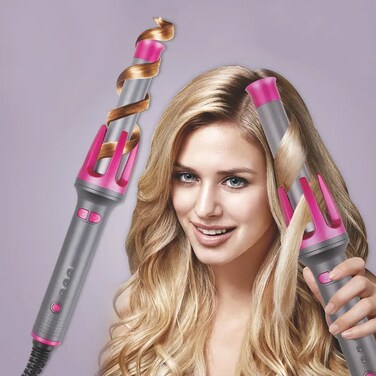 مكواة تجعيد الشعر الدوارة الأوتوماتيكية للنساء - مكواة تجعيد شعر ساخنة مع تحكم في درجة الحرارة، وحرارة قابلة للتعديل ودوران تلقائي - عصا تجعيد شعر احترافية