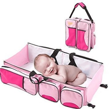 Pink Baby Travel Diaper Bag with Bassinet and Mosquito Net &ndash; 3-in-1 Portable Baby Bed, Changing Station, and Diaper Organizer &ndash; Baby Diaper Backpack