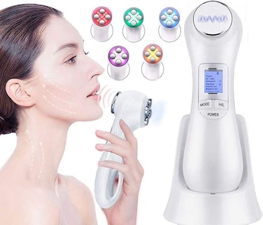 5-in-1 Facial Beauty Device &ndash; RF Lifting, EMS Microcurrent, LED Light Therapy, Galvanic Ion &amp; Vibration Massage   Anti-Aging Skin Tightening, Fine Line Reduction