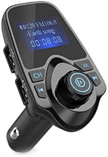 مشغل MP3 للسيارة بتقنية البلوتوث - شاحن USB مزدوج بدون استخدام اليدين وقارئ بطاقات، وبث موسيقى لاسلكي، وجهاز إرسال FM، ودعم مكالمات هاتفية للسيارات