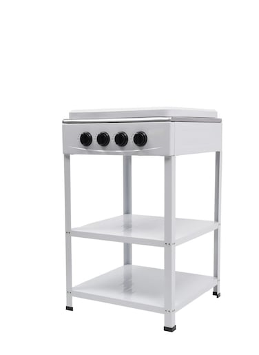 4 Burner Gas Stove with Wind Guard, Portable LNG/LPG Gas Stove with Removable Leg Stand and 2 Storage Shelves for RV, Apartment, Outdoor Cooking.