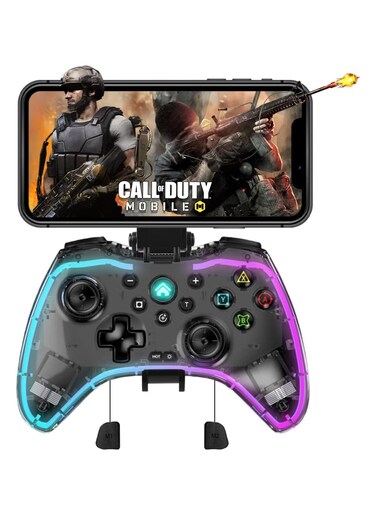 Wireless Mobile Game Controller For Ios Iphone Android PC Transparent Bluetooth Gamepad Joystick For Ipad Samsung, Switch Vibration Turbo 6 Axis Macro Programming Colorful LED Light