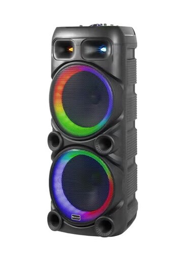 Portable Bluetooth Speaker, w/TWS, LED Lights, 2 Wireless Mics, Guitar &amp; Mic Inputs, USB/SD/FM Radio, EQ Mode, Rechargeable Battery, Recording, Wheels